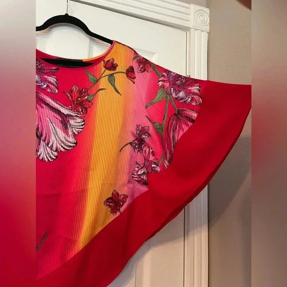 Asymmetric Poncho Blouse| Red Multi Color| Medium - Picture 9 of 9